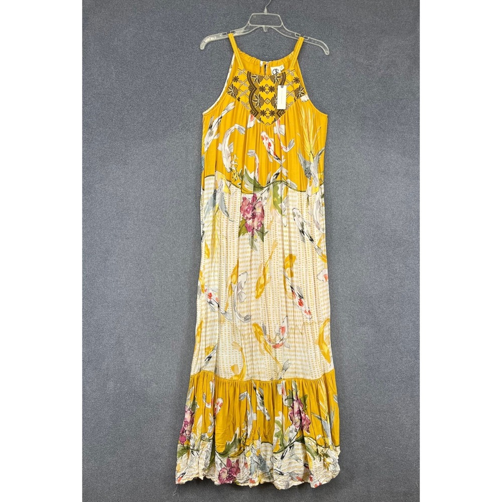 One September Anthropologie Maxi Dress Women M Yellow Koi Fish Floral Boho New